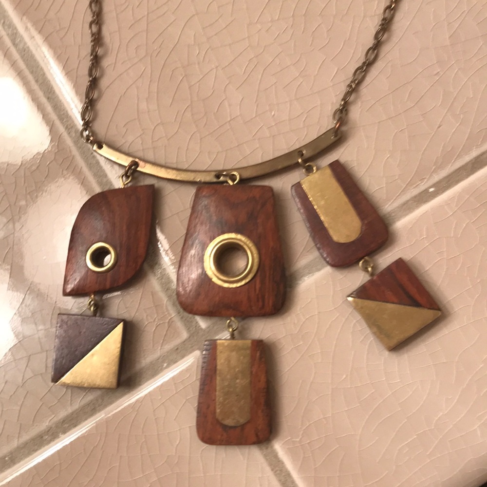 Vintage Geometric Wooden and Gold Necklace